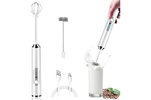 Milk Frother Rechargeable Handheld, Electric Whisk Coffee Frother Mixer with 2 Stainless whisks, 3 Speed Adjustable Foam Make