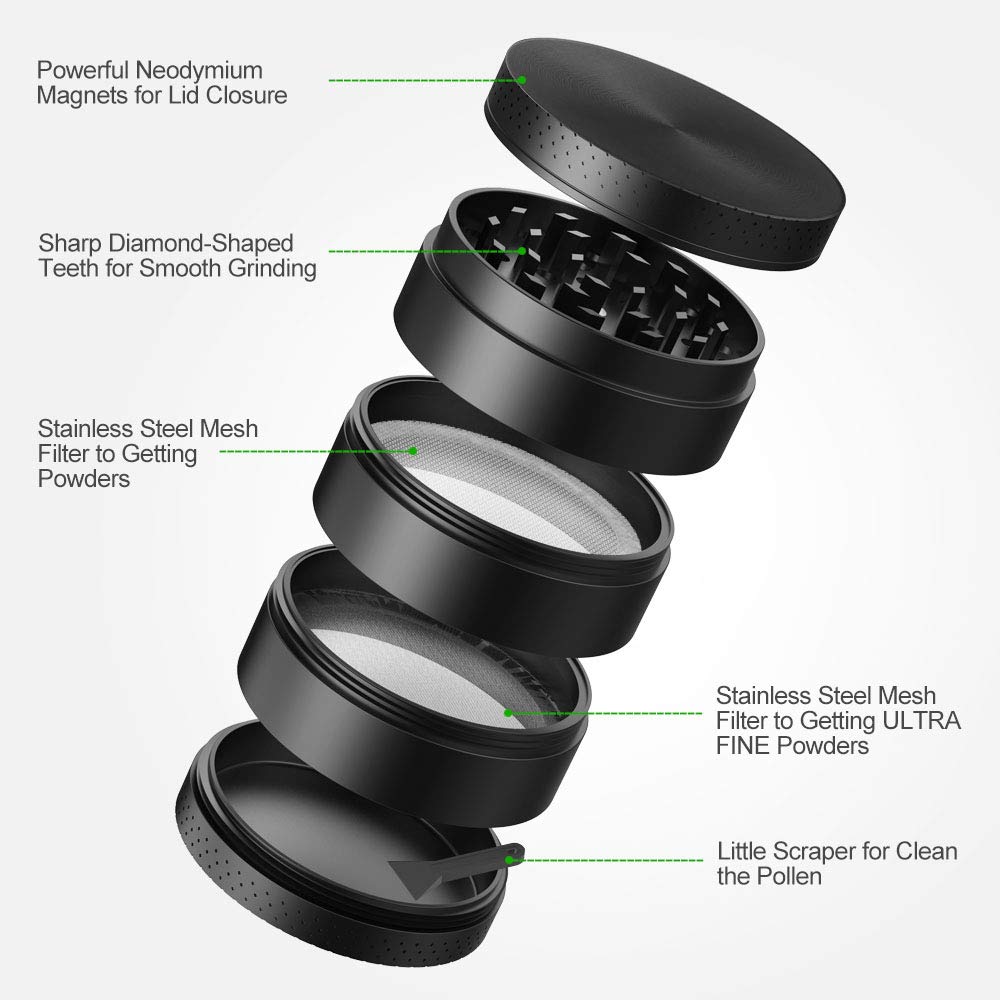 iRainy [5 Piece] Spice Herb Grinder with Pollen Catcher, 2.1 Inch