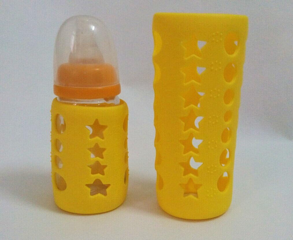 AWOWZ Silicone Baby Glass Feeding Nursing Bottle Cover Sleeve - Silicone Feeder Cover - Yellow (8.45 oz)