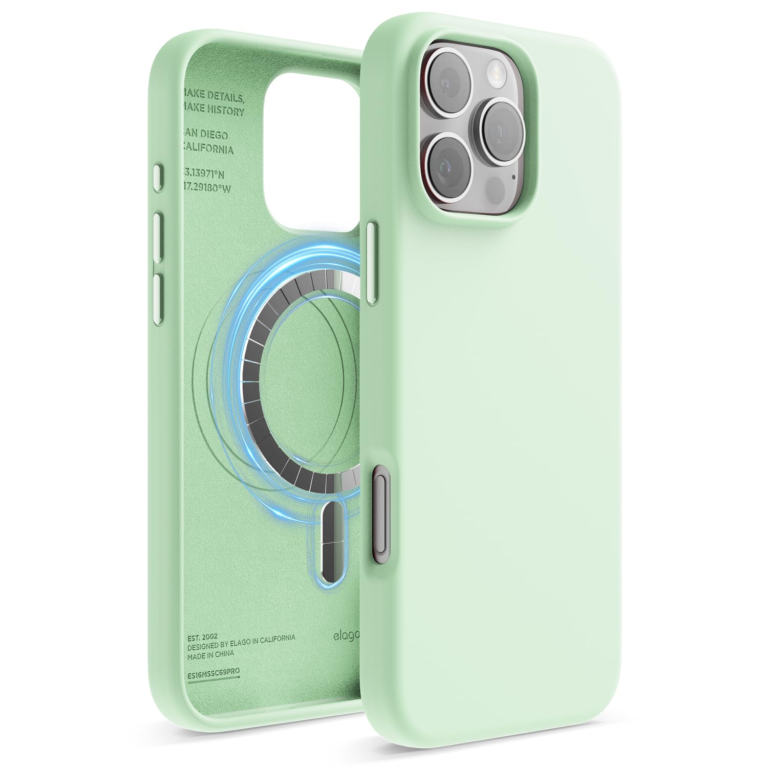 elago Magnetic Silicone Case Compatible with iPhone 16 Pro Max Case 6.9 Inch Compatible with All MagSafe Accessories - Built-in Magnets, Soft Grip Silicone, Shockproof (Soft Mint)