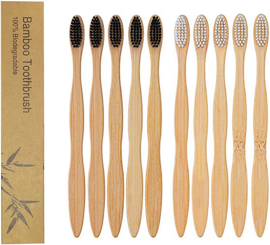 10PCS Charcoal Bamboo Toothbrushes, BPA Free Soft Bristles, Recyclable Handle, Soft Eco-Friendly Family Toothbrush Sets