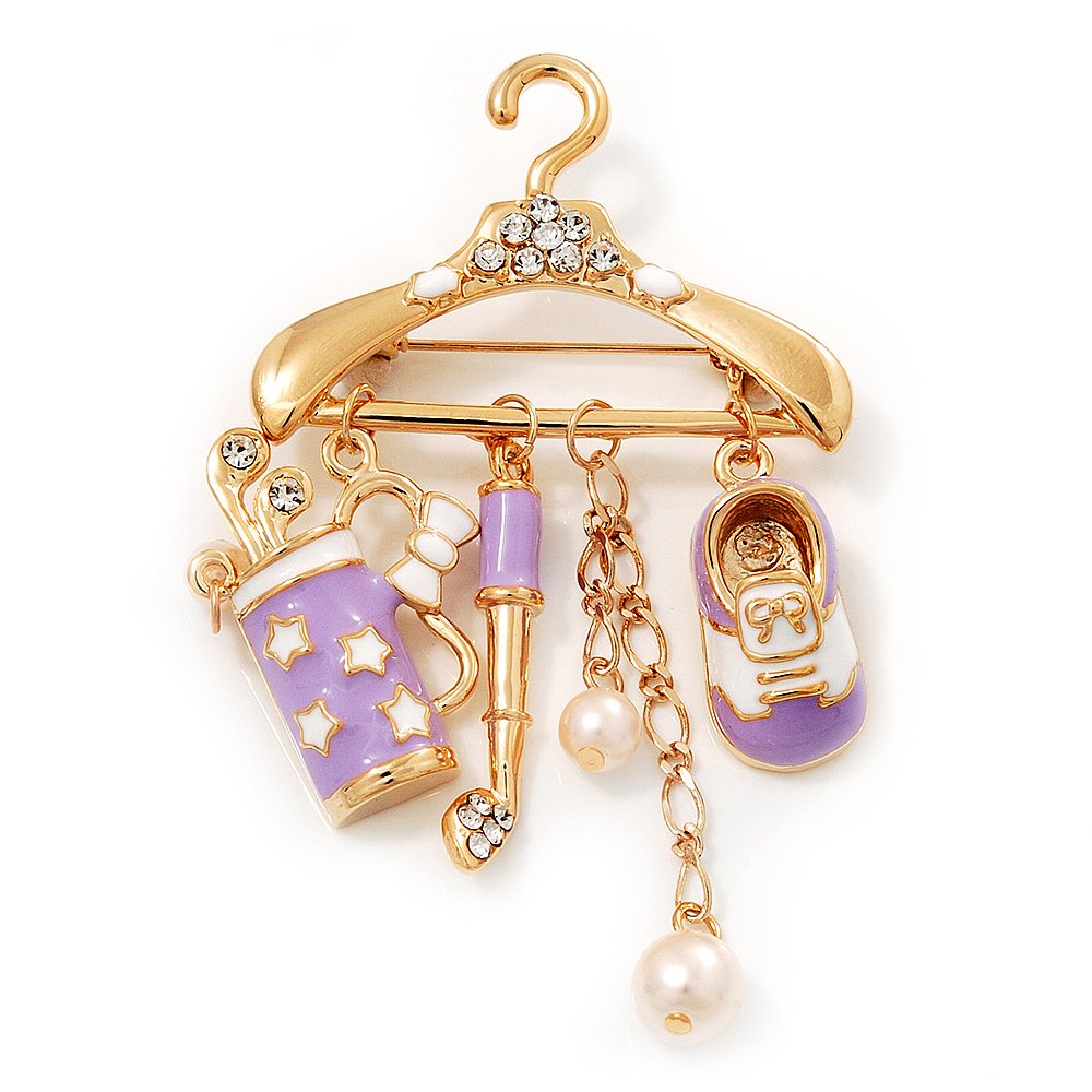 Stylish Lavender/White Enamel, Clear Crystal Golfer Set Brooch In Gold Tone - 75mm Tall
