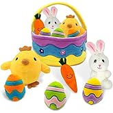 AMSHINE 7 Pcs Easter Basket Plush Playset with Bunny Chick Egg Carrot, My First Easter Bakset Stuffers Toys Gifts Prefilled with Animals for Baby Toddler Kids Boys Girls