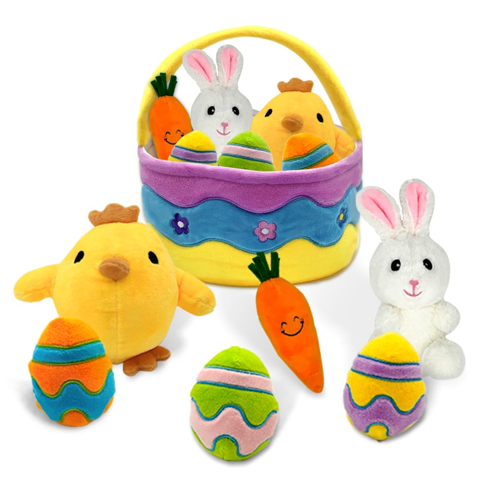 AMSHINE 7 Pcs Easter Basket Plush Playset with Bunny Chick Egg Carrot, My First Easter Bakset Stuffers Toys Gifts Prefilled with Animals for Baby Toddler Kids Boys Girls