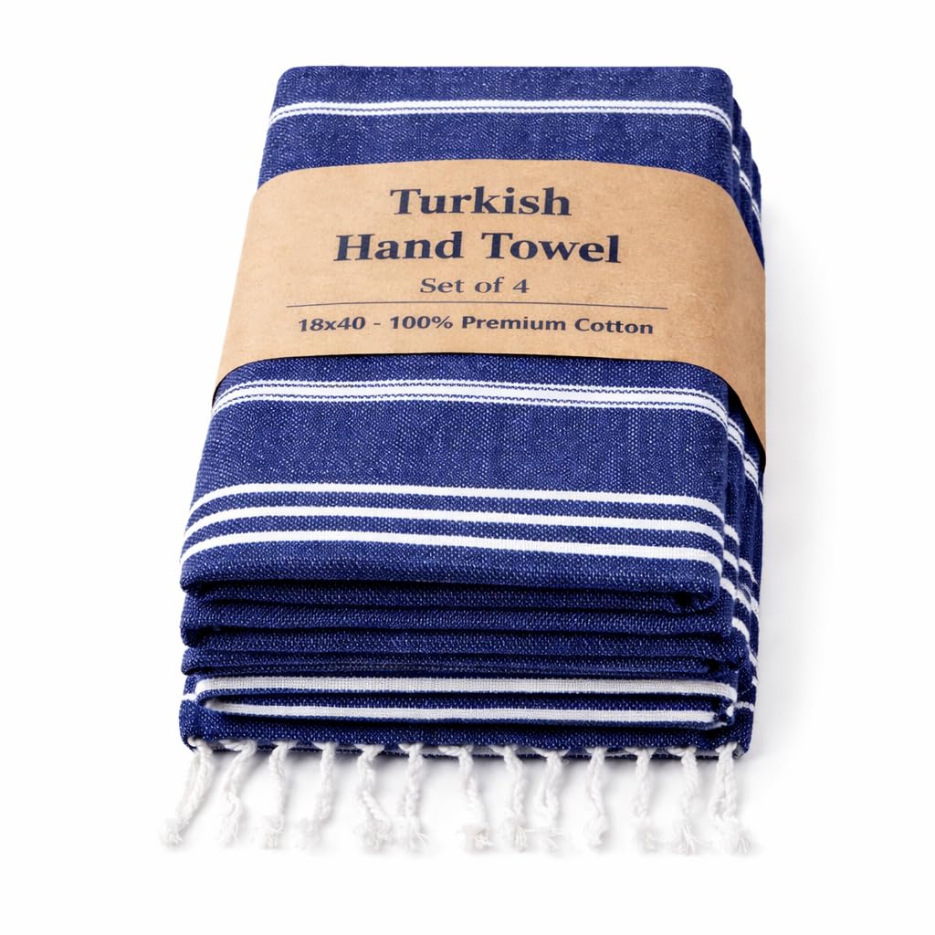 Clotho 4 Pack Navy Blue Turkish Hand Towels for Bathroom | 100% Cotton 18 x 40 Inches | Decorative Kitchen Towels Set| White Striped Machine Washable Lightweight | Perfect Use for Face & Hair