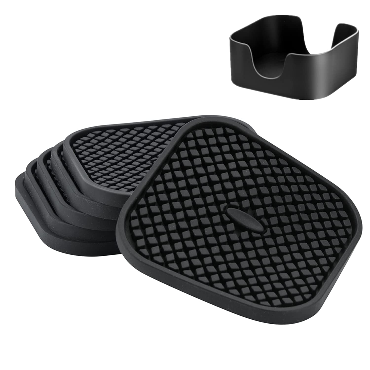 Set of 6 Silicone Drink Coasters with Holder - Deep Grooved, Absorbent, Large 4 inch Square Cup Mat - Perfect for Hot and Cold Drinks(Square - Black)
