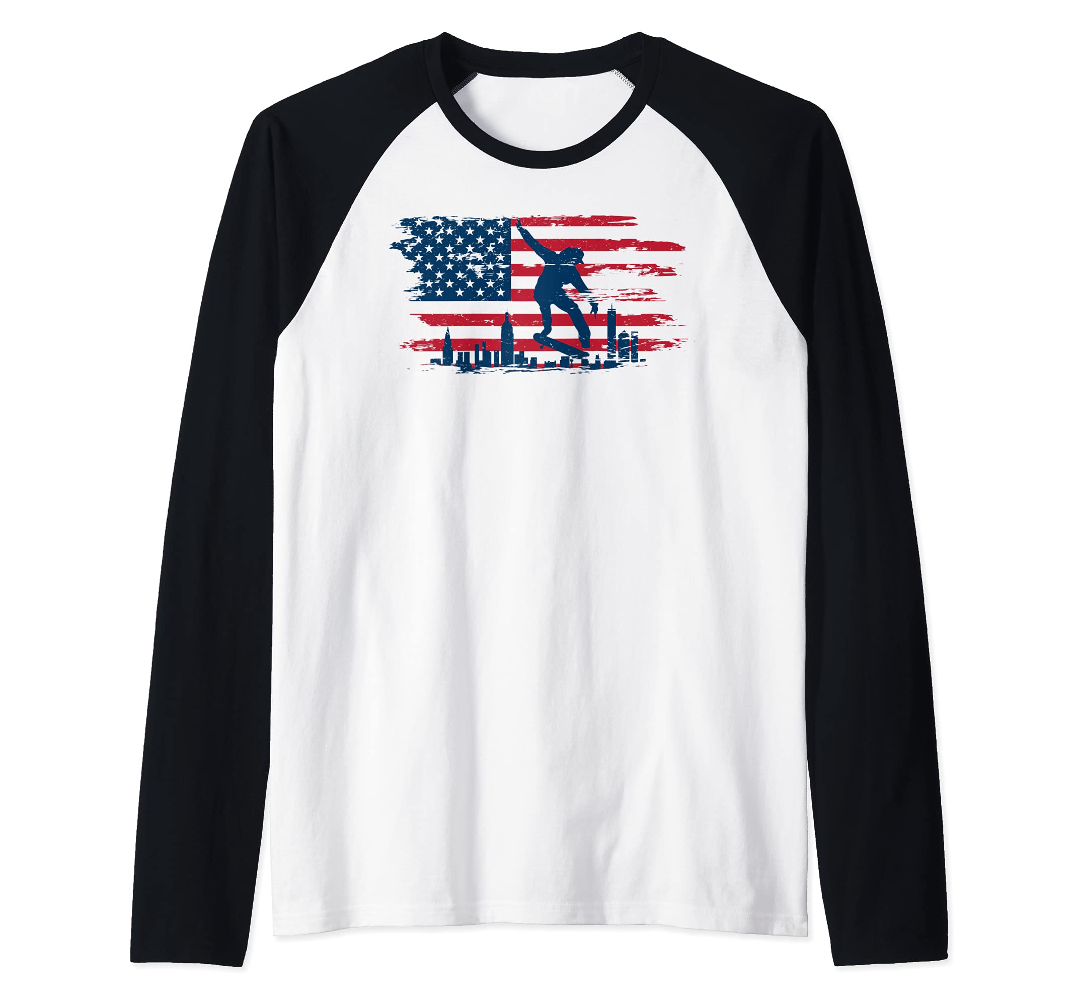 Skateboard American Flag Skate Skateboarding Skateboarder Raglan Baseball Tee