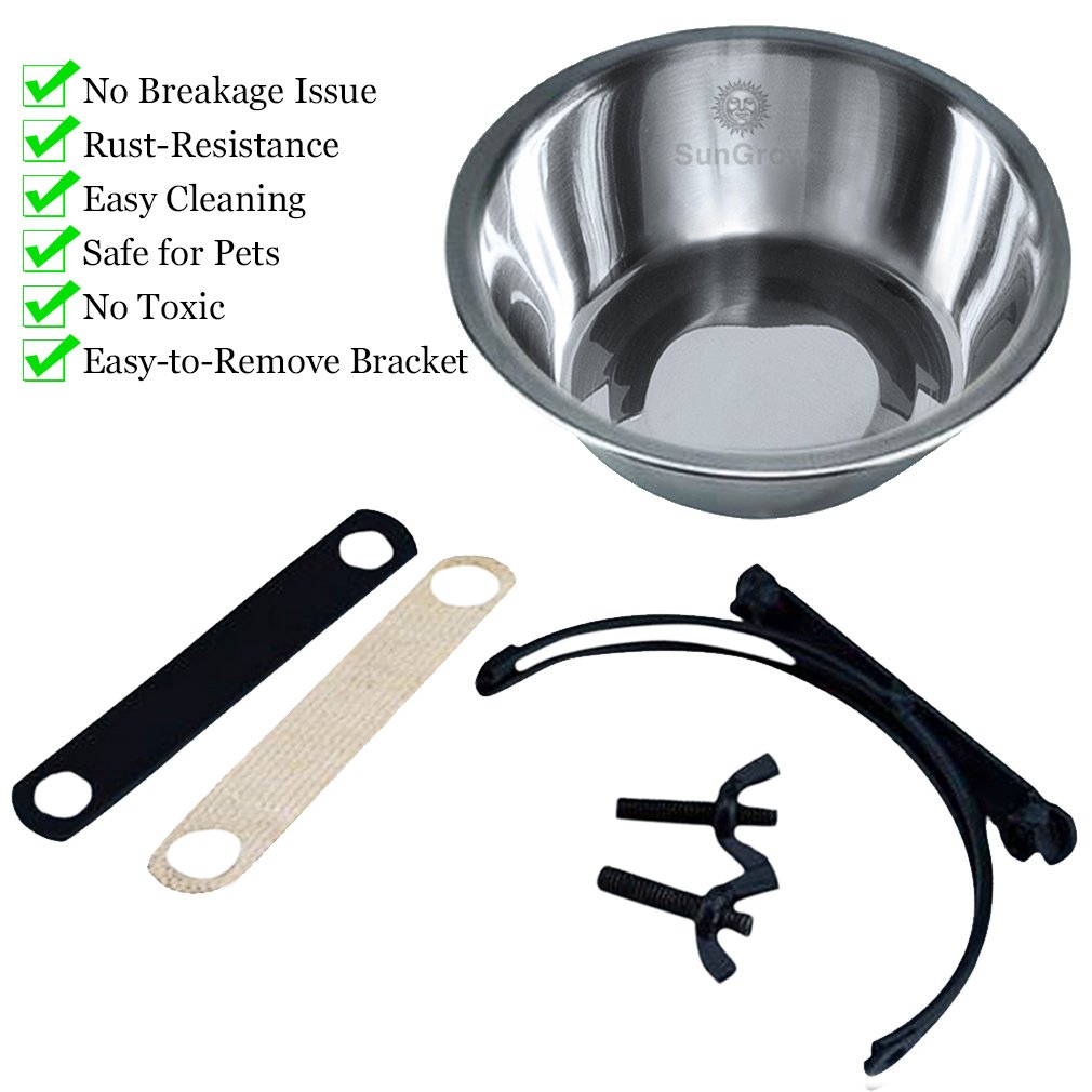 2 Stainless Steel Bowl for Pets by SunGrow: Easily attaches to cage; Perfect for Cats and Dogs; Simple removal; Reduce water and food spills; 30 oz/20 oz