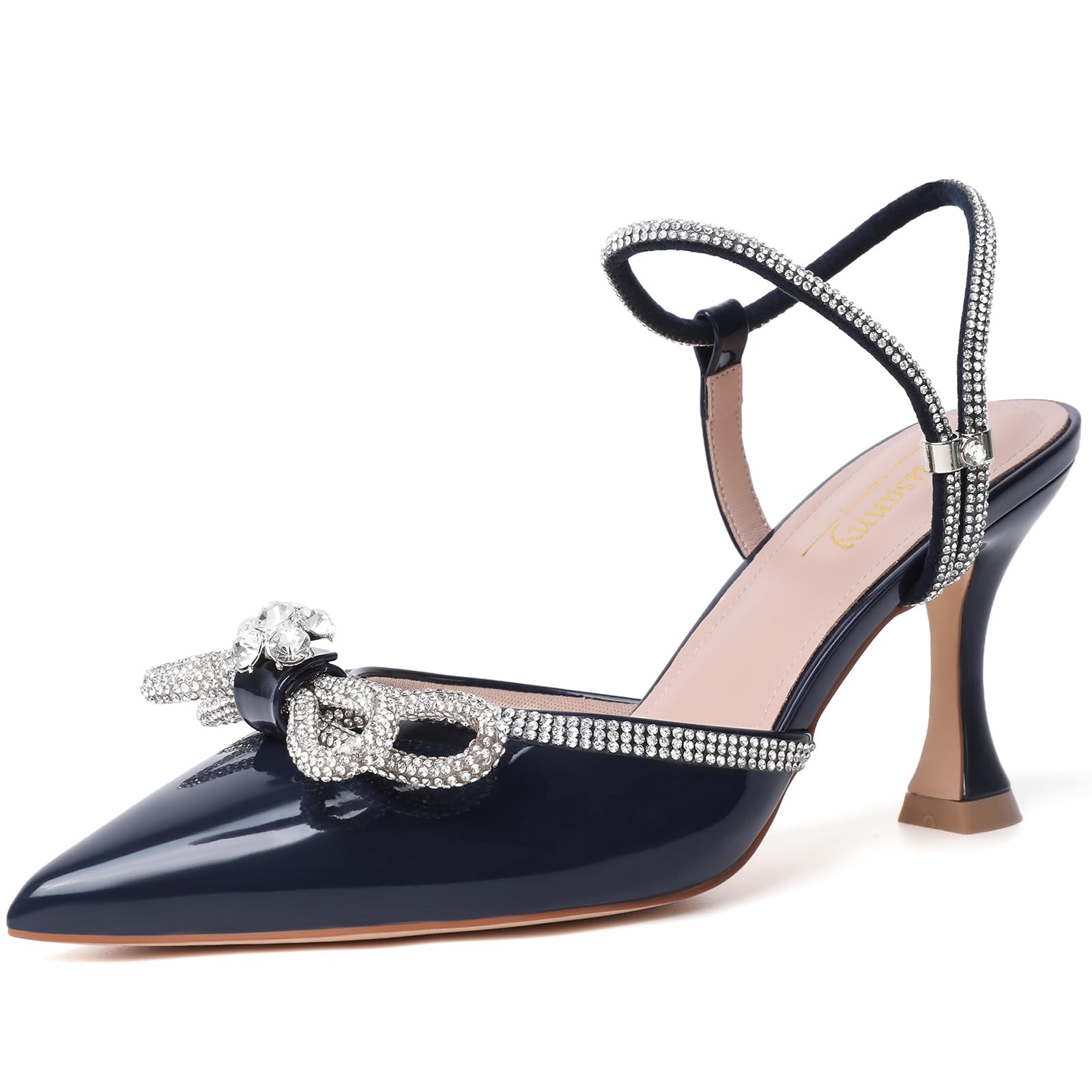 Susanny Navy Blue Rhinestone Heels for Women Bow Heels Evening Party Ankle Strap Closed Toe Pumps Office Kitten Heels Dress Heeled Prom Shoes 7.5 Image