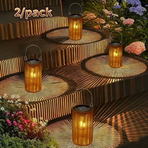 Zarmanuae Solar Lanterns, Rattan Waterproof Solar Lights for Outside Hanging Solar Lights Outdoor Solar Lamp Lights Decoration for Garden Yard Patio Porch Trees Lawn Pathway, 2 Pack