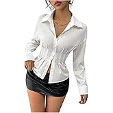 GORGLITTER Women's Pleated Cropped Button Down Shirt Long Sleeve Collared Work Office Dressy 2025 Fitted Blouse