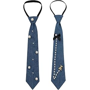 Nouysoc 2 PCS Denim Tie for Women, Blue Jean Ties with Pearl and Chain Accents, Casual and Formal Wear Accessories