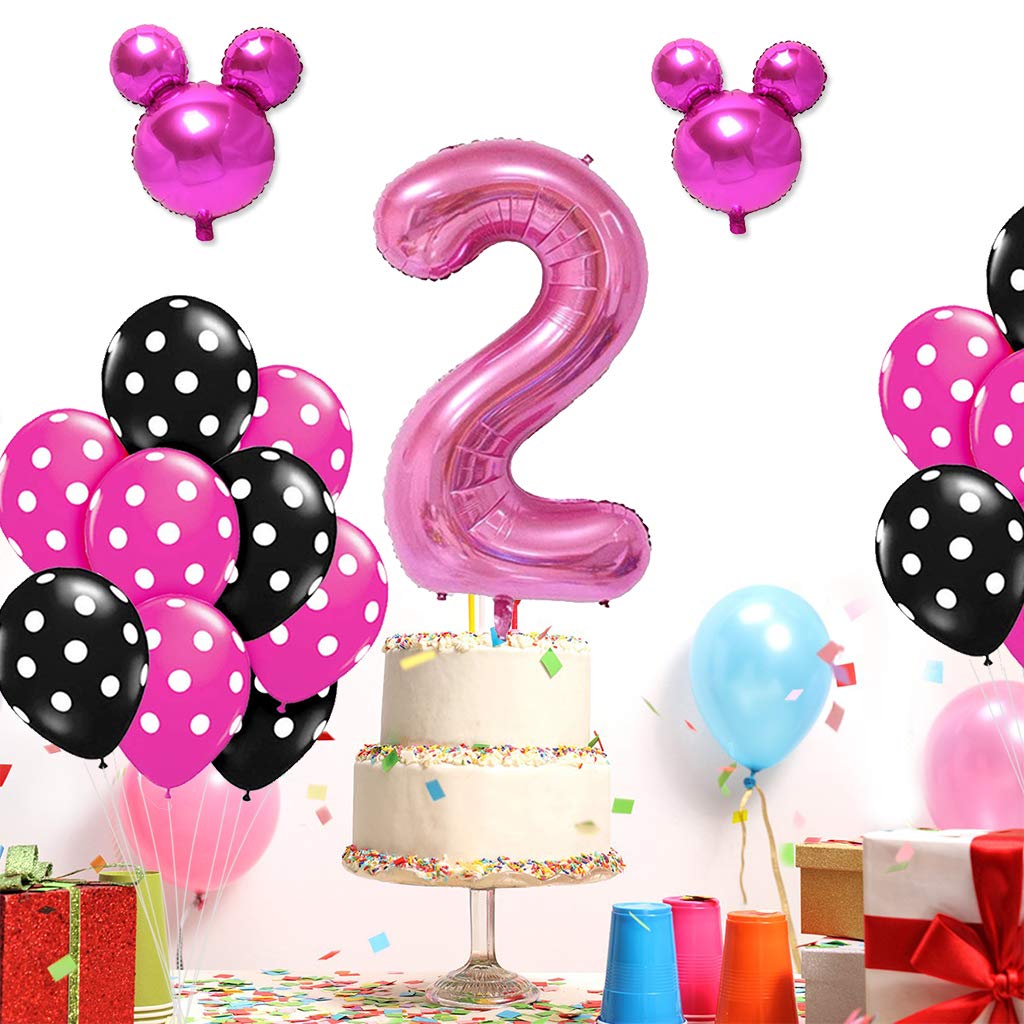 Amycute 13 Pcs Mickey Fiesta De Cumpleanos 2 Ano Decoracion Globos De Cumpleanos Minnie Rosa Numero 1 Globo De Papel De Aluminio Y Globo De Latex Negro Rosa Para Happy Birthday Ninos