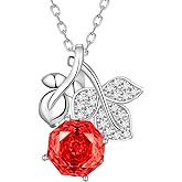 Aurora Tears Birthstone Rose Pendant Necklace - 925 Sterling Silver Rose Cut Cubic Zirconia Flower Leaf Necklace Anniversary Birthday Jewelry Gift for Women Wife Mom Daughter