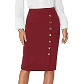LYANER Women's Basic High Waist Pencil Bodycon Button Knee Length Straight Office Midi Skirt