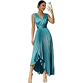 Gekaioe Tea Length Satin Bridesmaid Dresses Midi Pleated V Neck Wedding Guest Dress A Line Formal Evening Gown