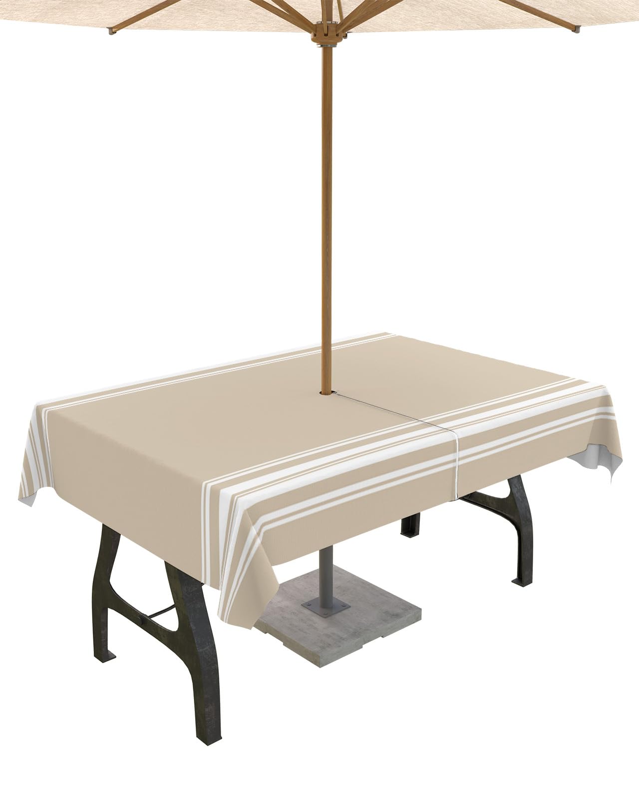 Photo 1 of QueenKer Outdoor Tablecloth with Umbrella Hole, Khaki and White Stripe Rectangle Tables Waterproof Tabletop Collection for Patio, Garden, Picnic, Camping, Dining 60 x 102 inch