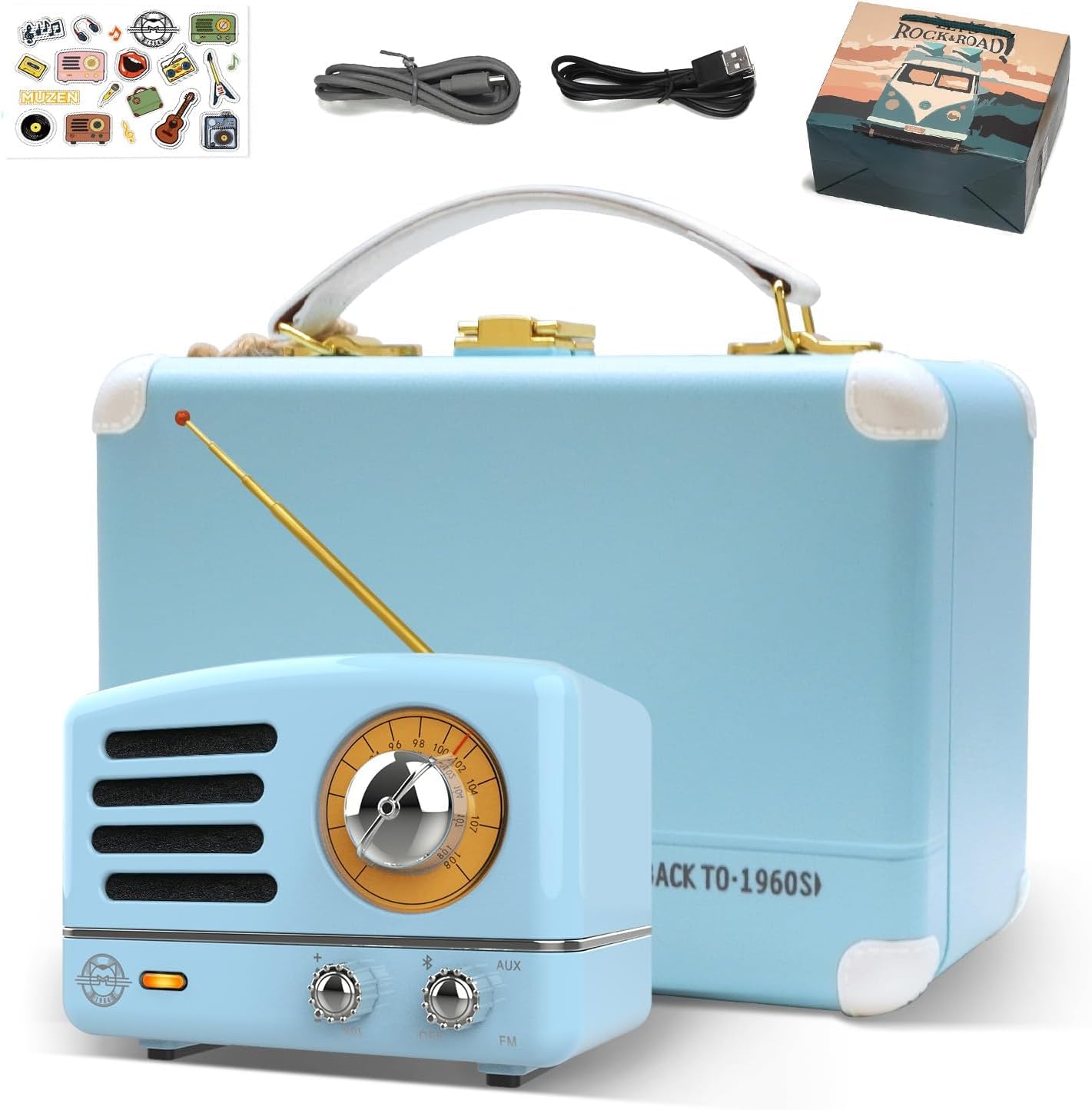 Photo 1 of Muzen Portable Bluetooth Speaker, OTR Metal Retro Small Wireless Speaker, FM Radio with Antenna AUX, 10h+ Long Playtime, High Fidelity Stereo Audio with Suitcase, Room Office Decor, Festival Gift