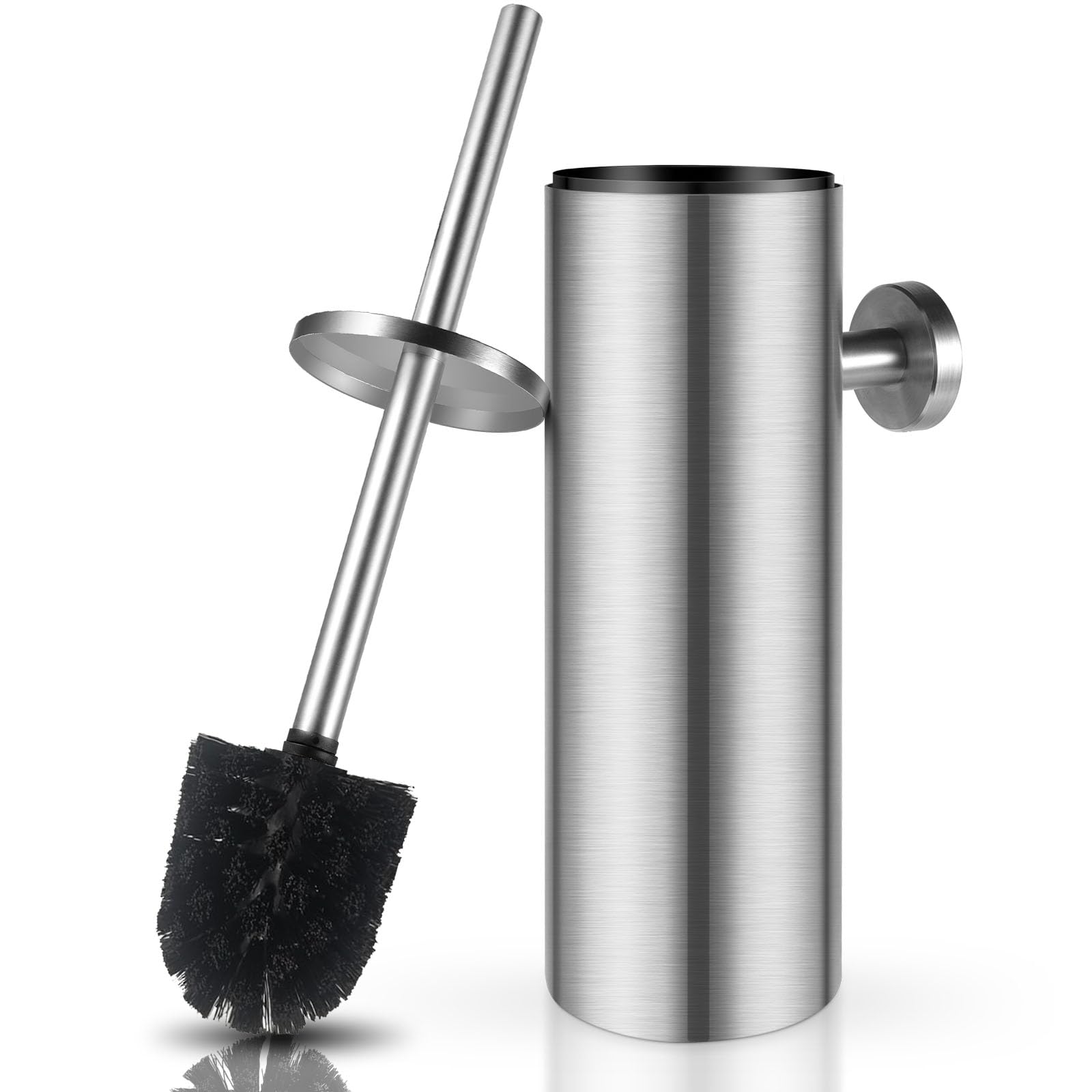 WAVEWO Stainless Steel Toilet Brush, Wall Mounted & Standing Toilet Brush with Splash-proof Lid, Toilet Brush Holder with Container, Long Handle Brush for Bathroom, 8.8 x 8.8 x 39, Silver