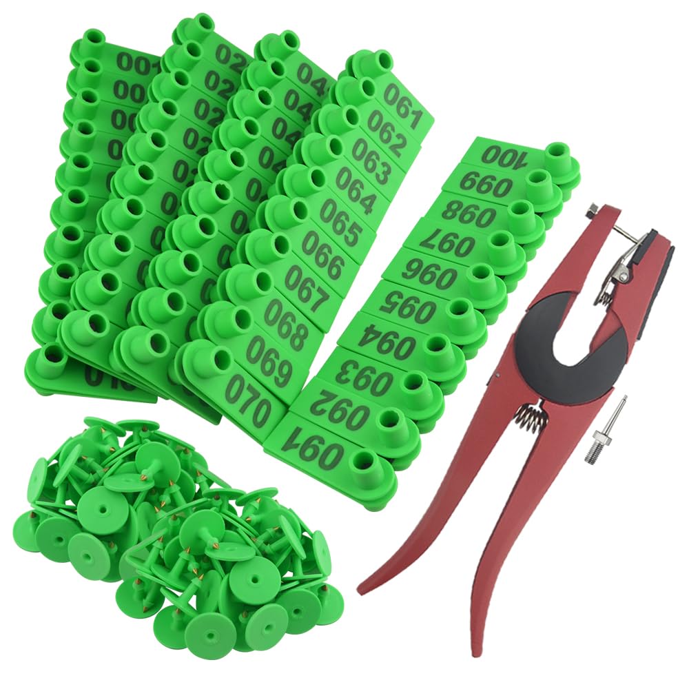 WMYCONGCONG 1-100 Number Plastic Livestock Ear Tag Animal Tags Green and 1 Pcs Ear Tag Applicator for Goat Sheep (Green)
