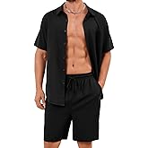 Flygo Men Cotton Linen Sets Outfits 2 Piece Summer Short Sleeve Shirt and Shorts Set Beach Wear Vacation Outfit