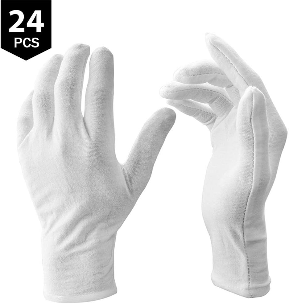 Cotton Gloves,12 Pairs White Cotton Gloves Large Size,Coin Gloves Work/Lining Gloves Cloth Gloves for Women Men Eczema Dry Hands Moisturizing Serving Archival Cleaning Jewelry Silver Inspection
