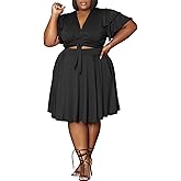 Women's Summer Plus Size 2 Piece Outfits Casual Short Sleeve Bandage Wrap Empire Crop Tops and Midi Skirt Sets