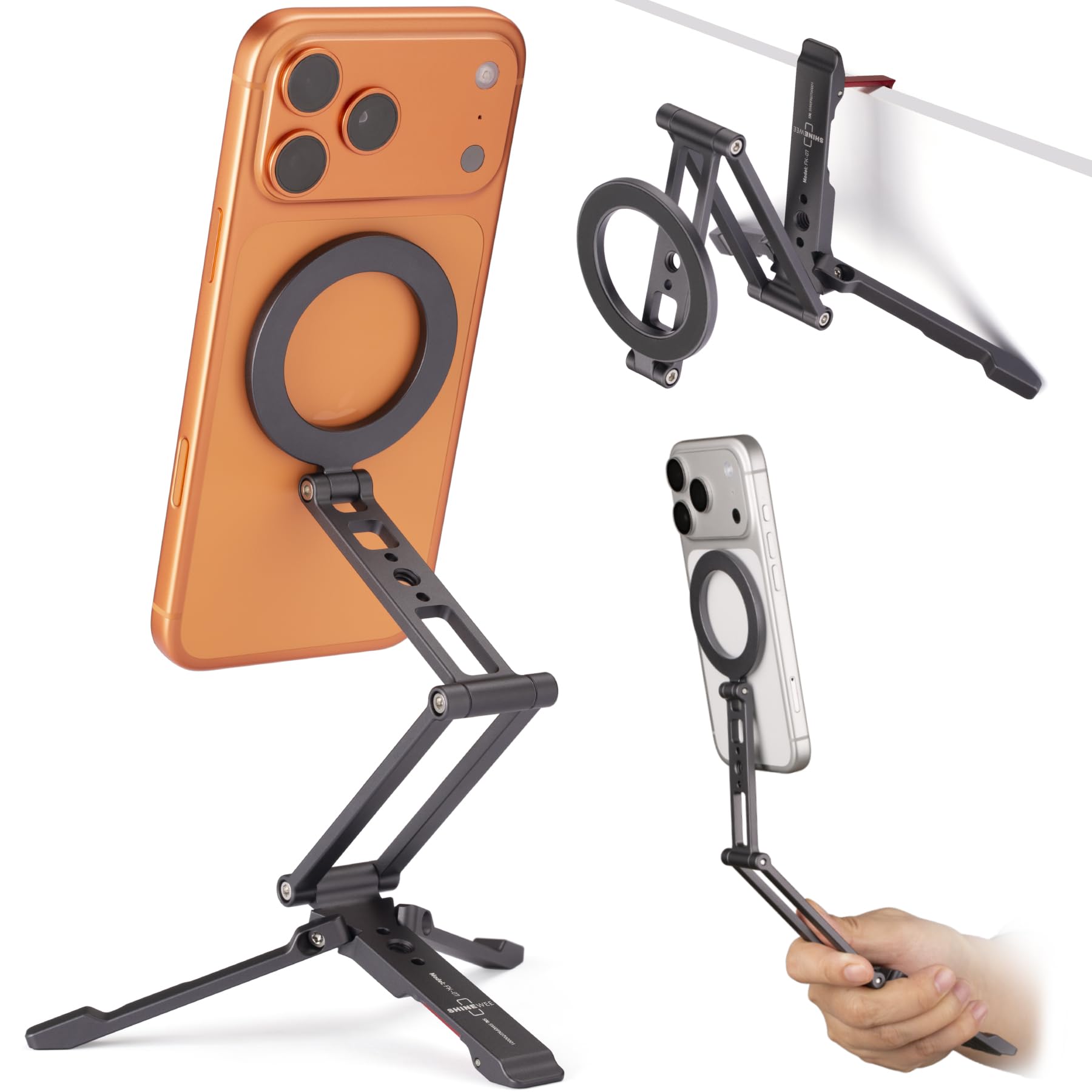 SHINEWEE Ultra-Compact Magnetic Tripod Stand: Aluminum Phone Mount for iPhone 17/16/15/14/13/12 Pro Max, Adjustable Cellphone Holder with 1/4” Screw & Travel Hook (Grey)