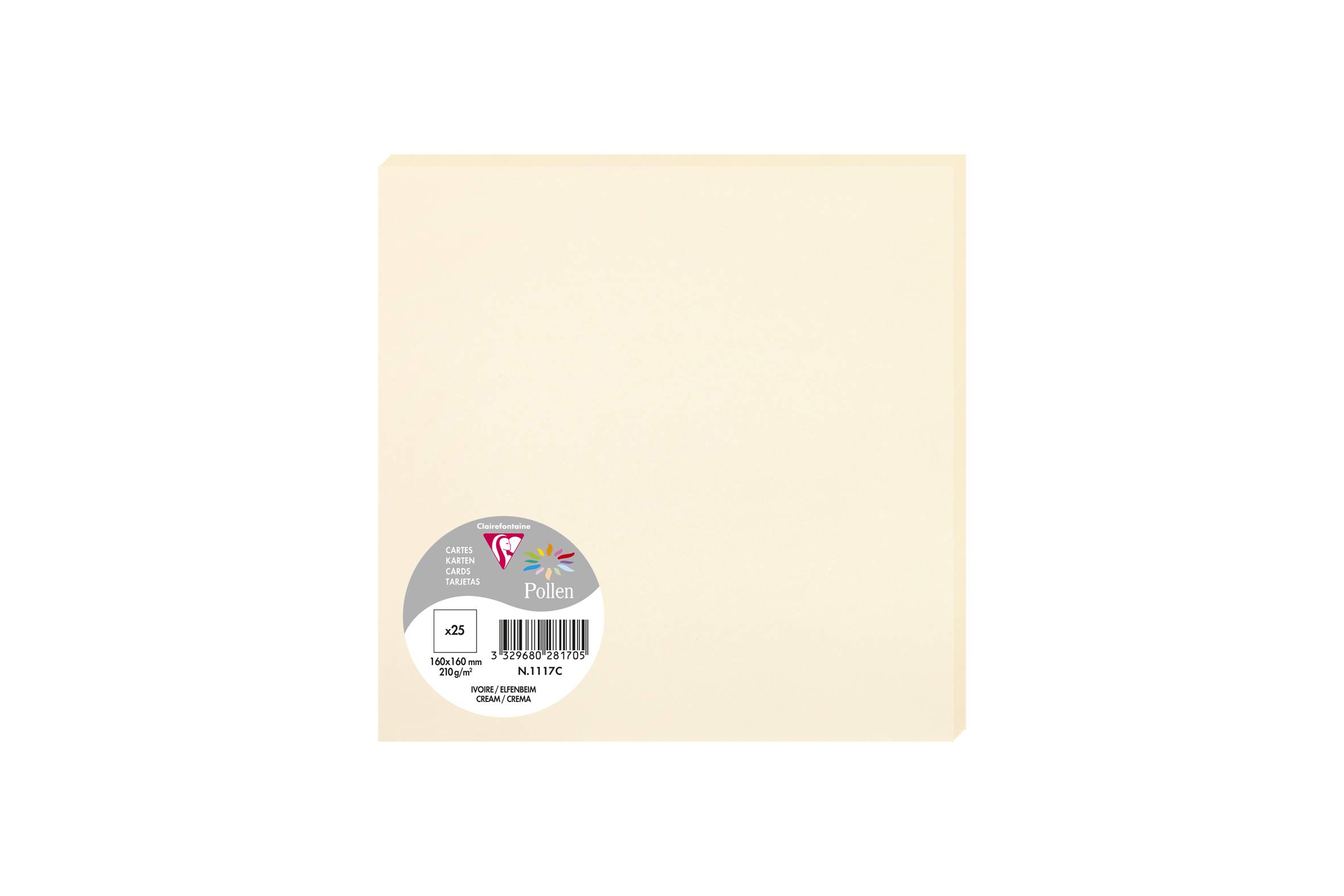 Clairefontaine 1117C Pack of 25 Plain Cards Square Format 16x16cm 210gsm Cream colour Invitation Correspondence Cards - Pollen Range - Premium Smooth Paper