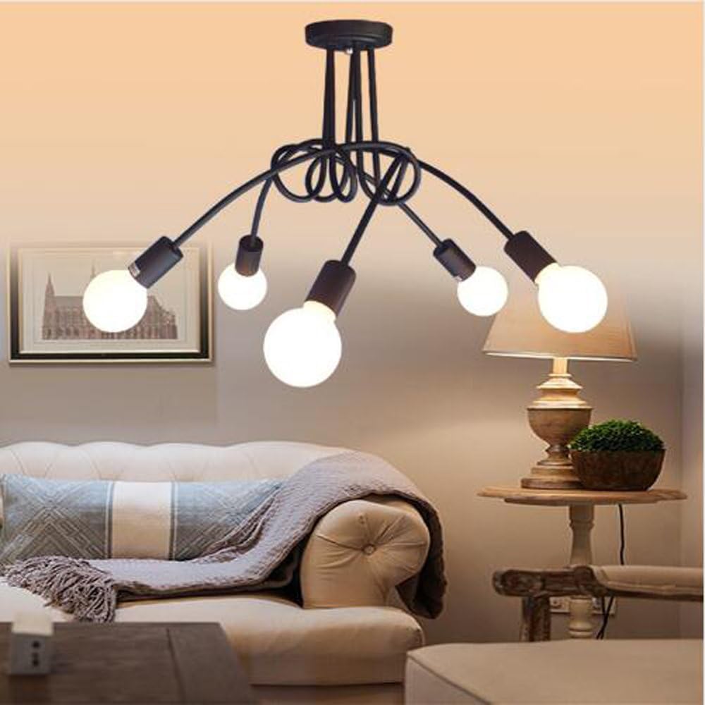 Vintage Industrial Ceiling Pendant Light Fitting Ancient Gold Black Semi Flush Mount Ceiling Hanging Lamp Shades E27 Rustic Retro Chandelier for Bedroom Living Room Decor (Black, 5-Lights)