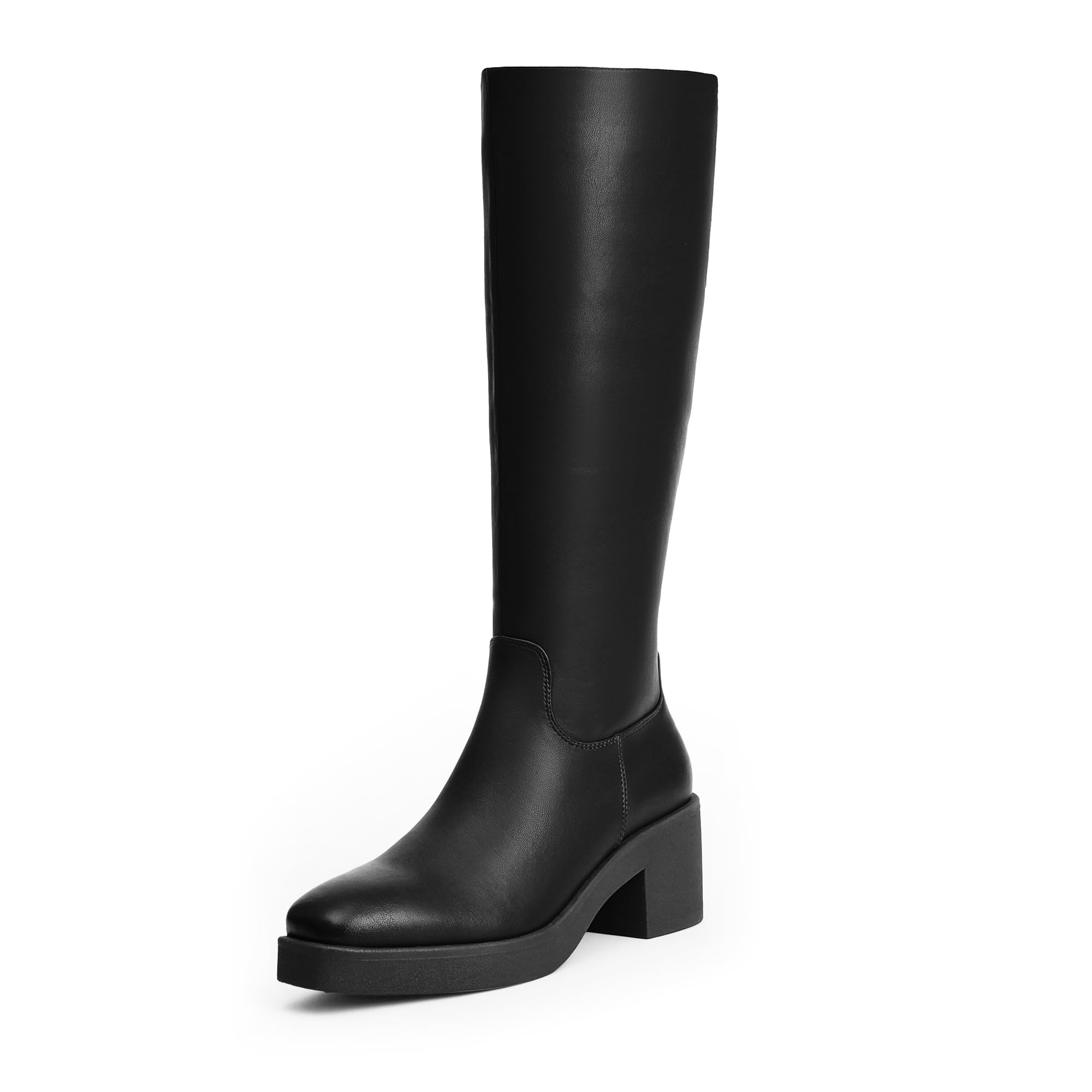 Modatope Platform Knee High Boots for Women Black Square Toe Chunky ...
