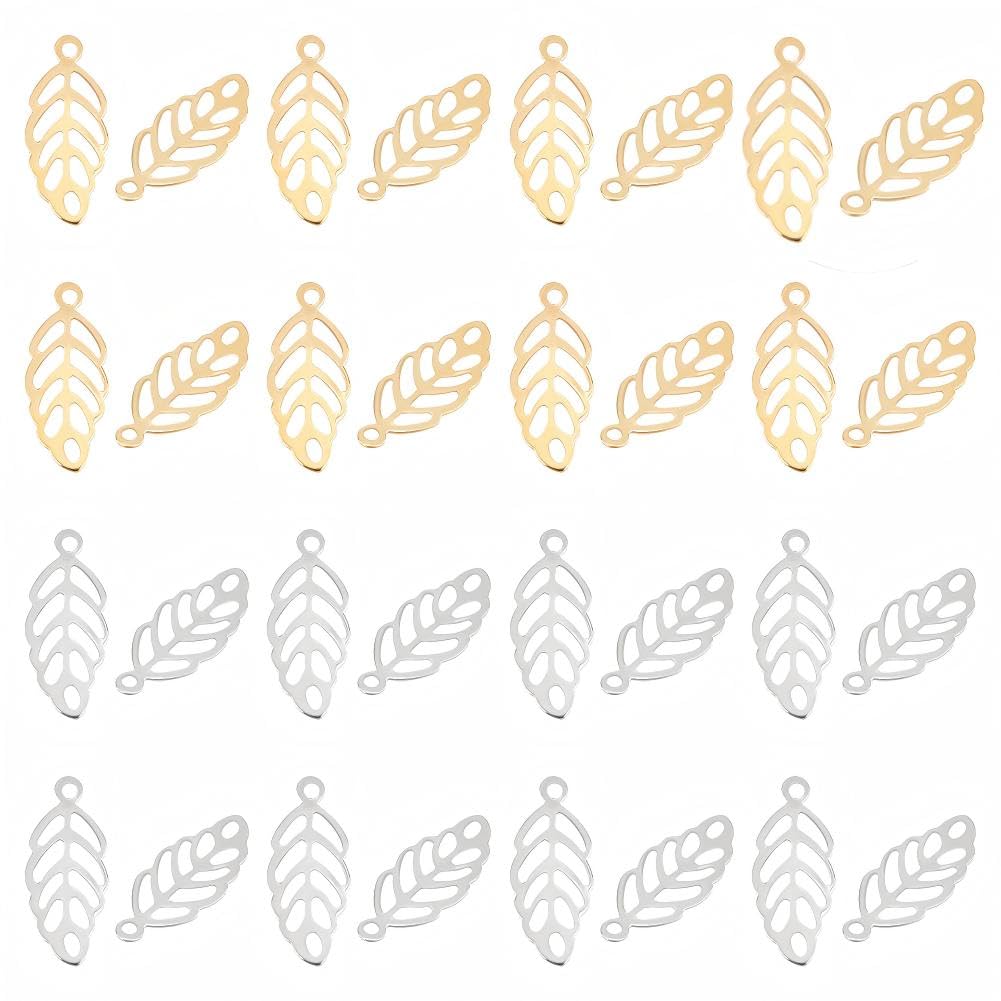 UNICRAFTALE about 120pcs 2 Colors Hollow Leaf Pattern Charms 304 Stainless Steel Pendants Golden & Stainless Steel Color Leaf Charms for DIY Necklaces Jewelry Making, Hole 1mm