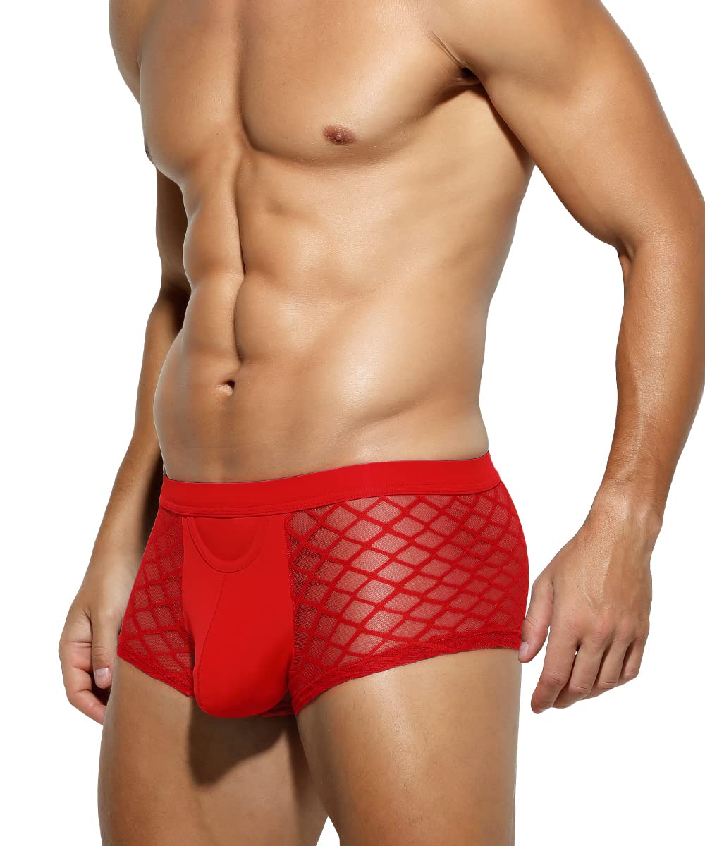 Photo 1 of Casey Kevin Men's Underwear Sexy See Through Lace Boxer Briefs Mesh Trunks, A2-RED-CK2116-US, Medium