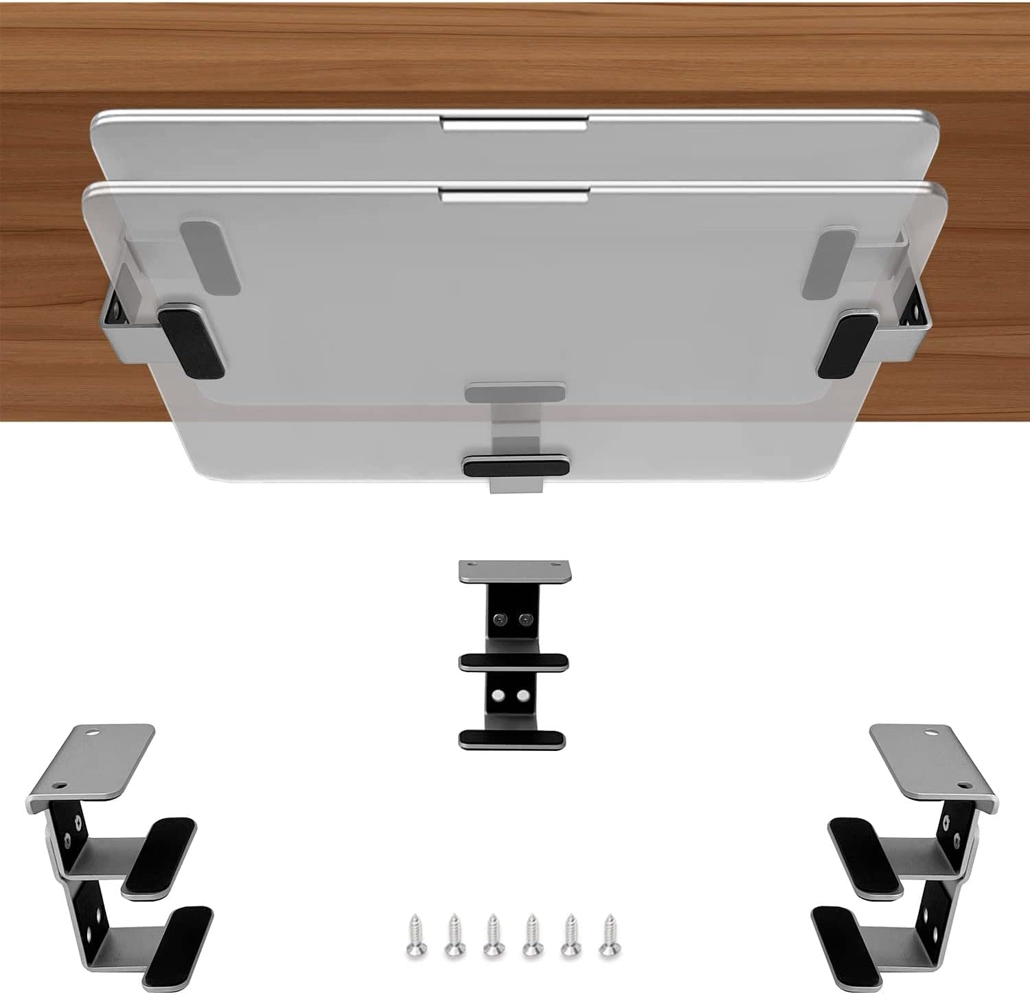 JEMACHE Under Desk Dual Decker Laptop Mount, Hard Aluminum Under Table Desk 2 Tier Holder for Laptop, Mac Mini, MacBook, Keyboard with Anti-Scratch Silicone (Silver)