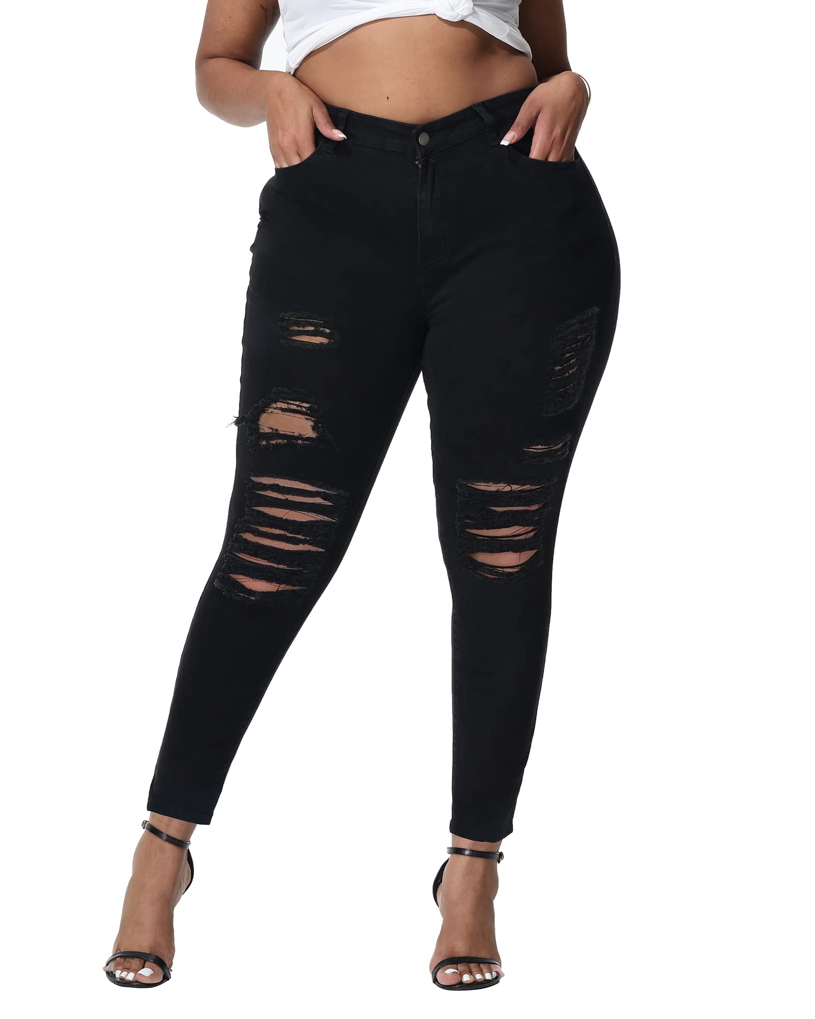 Photo 1 of Gocolloa Womens Plus Size Skinny Jeans Stretchy High Waisted Ripped Distressed Ankle Jean Black 22W