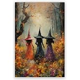 Vintage Halloween Wall Art Print Magical Beautiful Enchanting Witches In The Woods Canvas Poster Witch Decor Vintage Room Decor for Home Living Room Aesthetic 16x24inch Unframed