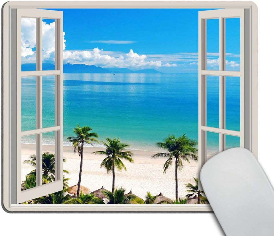 Wasach Mouse Pad Palm Trees Tropical Island Beach Nature Paradise Panoramic Picture Through Wooden Windows Scene Custom Design