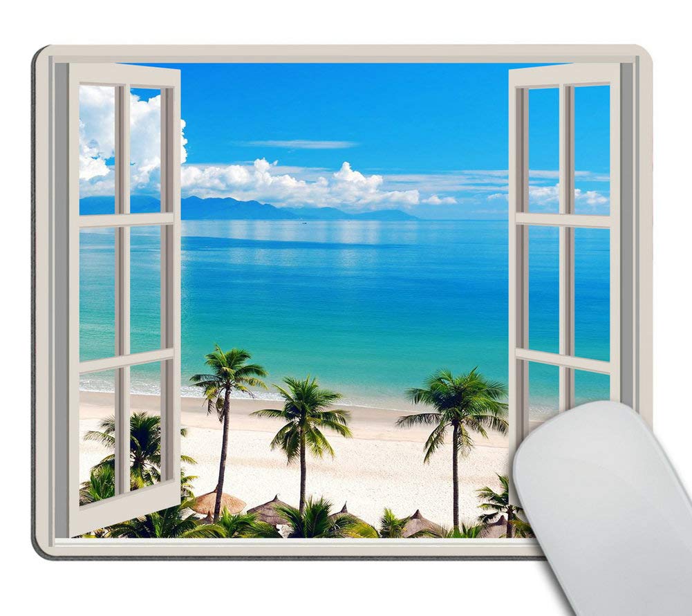 Wasach Mouse Pad Palm Trees Tropical Island Beach Nature Paradise Panoramic Picture Through Wooden Windows Scene Custom Design, 9.5 X 7.9 Inch (240mmX200mmX3mm)