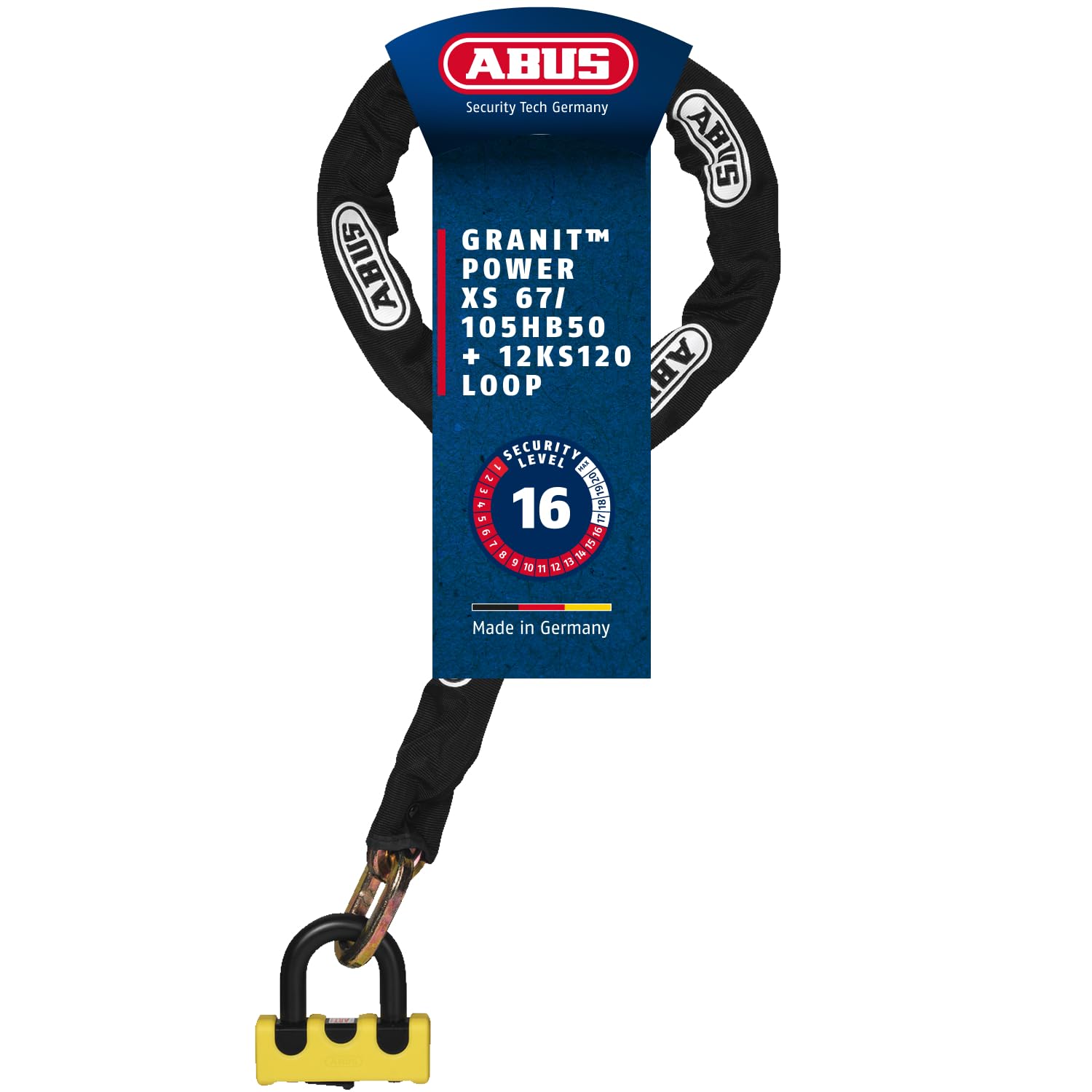 ABUS lock and chain combination - Granit Power XS 67/105HB50 + 12KS120 black loop - Motorbike lock with security level 16 - Yellow