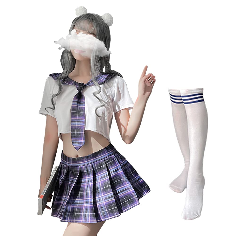 Schoolgirl Outfits Japanese Plaid Pleated Skirt JK Uniform Cosplay Lingerie, 7039white Purple, One Size