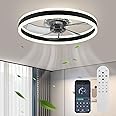Fszdorj Ceiling Fan with Light, Upgraded 20‘’ Low Profile Fan, Flush Mount Ceiling Fan, 6 Speeds, Dimmable LED, App & Remote Control, Quiet DC Motor, For Bedroom, Living Room, F105 Black-D