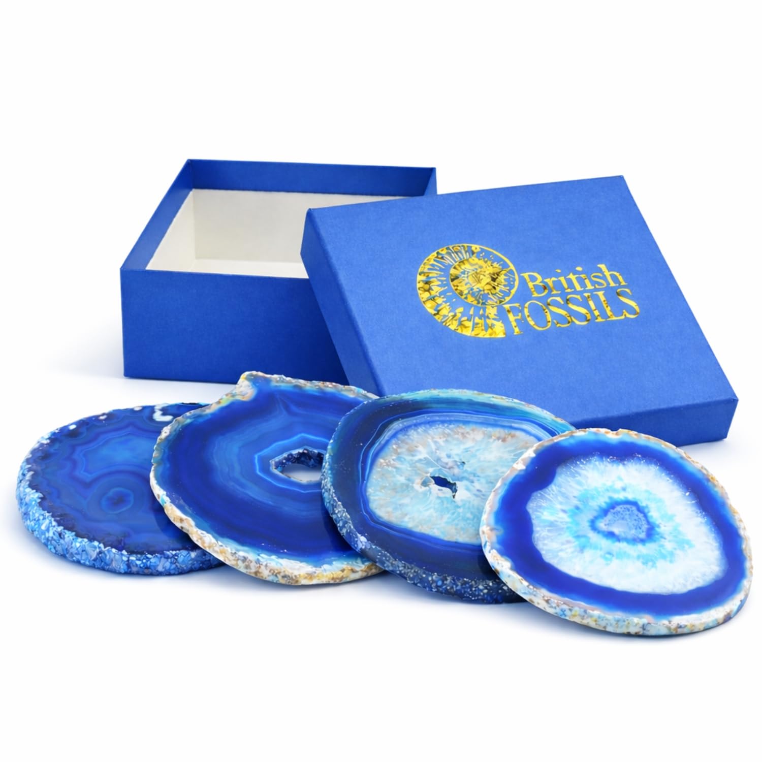 Luxury Genuine Blue Agate Coasters – Set of 4 Natural Polished Stone Drink Coasters, Elegant Crystal Slice, Statement Home Décor, Unique Gift Set