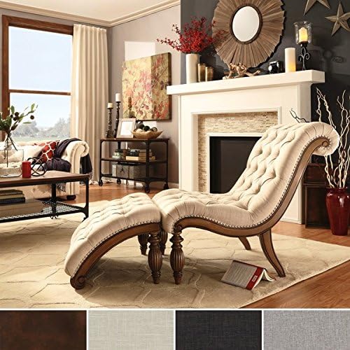 Classic Grey Linen Upholstered Tufted Chaise Lounge Chair with Ottoman Set, for Bedroom, Driftwood Finish