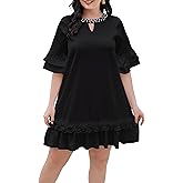 VERWIN Plus Size Dress Ruffle Short Sleeve Midi Dress Round Neck Pearl Tiered Ruffle Hem Mini Dress