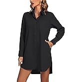 LYANER Women's Collar V Neck Button Down Long Sleeve Cruved Hem Shirt Dress