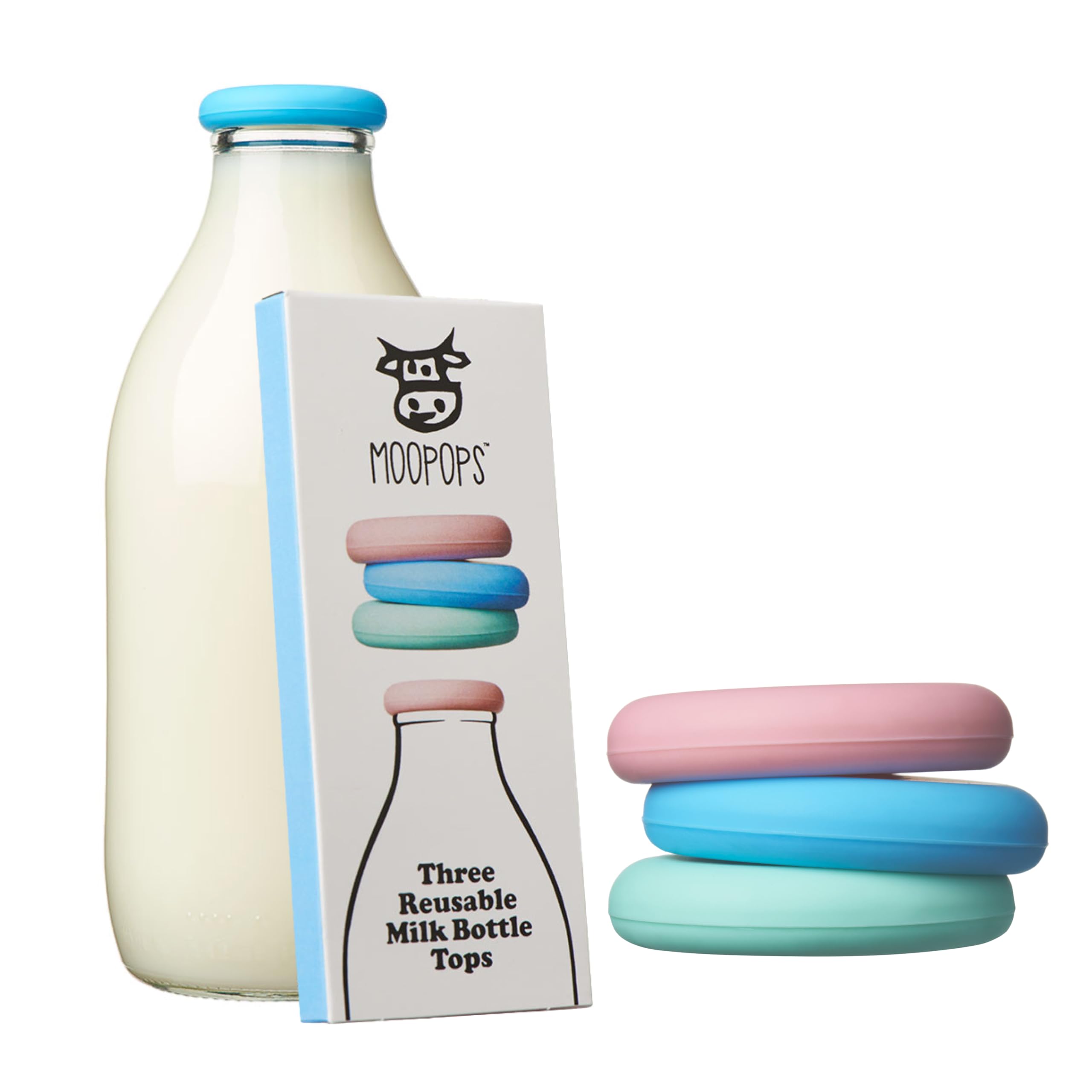 MOOPOPS Reusable Silicone Milk Bottle Tops - 3 Pack | Dishwasher & Fridge Safe | Airtight Bottle Seal | Durable & Reliable | Easy Use | Designed To Fit Standard UK One Pint Glass Milk Bottles | Pastel