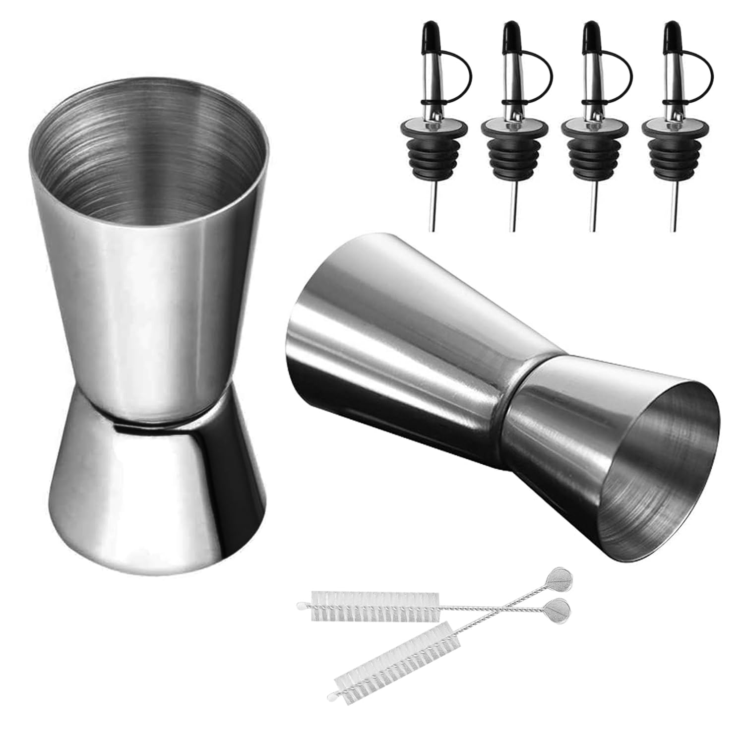 Cocktail Measuring Cup, Set of 2, Stainless Steel Bar Measure, 2 cl / 4 cl with 4 Bottle Pourers and 2 Brush cl Measuring Cups, Cocktail Jigger, Double Size for Bar, Party, Wine, Cocktail Drink,