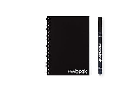 infinitebook/EcoBook – wiederverwendbar Notizbuch A6, glatt, Spiralen, inkl. Kugelschreiber Schwarz), Schwarz