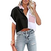 Button Down Crop Tops for Women Cropped Striped Shirts Dressy Casual Collared Blouses Summer Lightweight Tee Top
