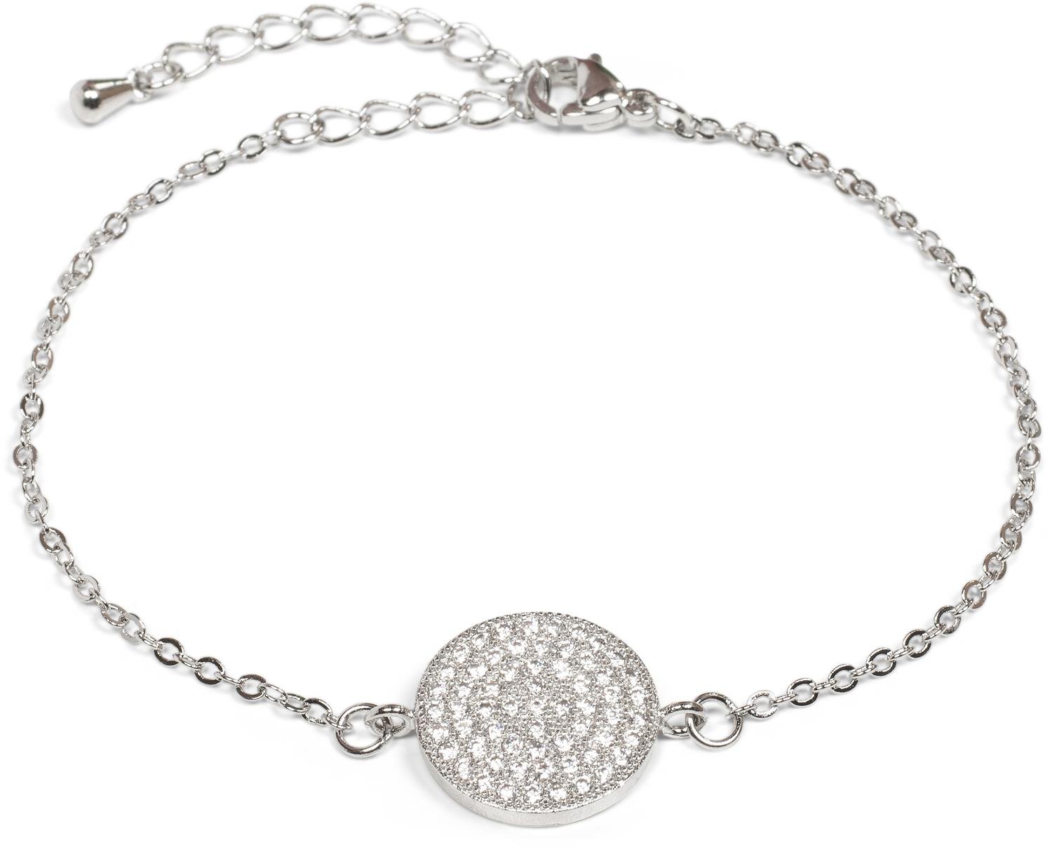 styleBREAKER bracelet with round rhinestone-studded decorative element, anchor chain, snap hook closure, jewellery, women 05040145, color:Silver